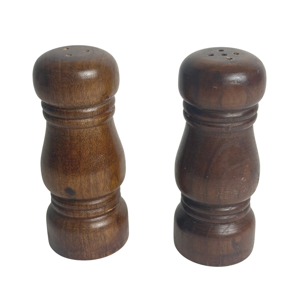 Vintage Dark Wood Salt and Pepper Shakers Set 4 Inch Rustic Farmhouse Decor